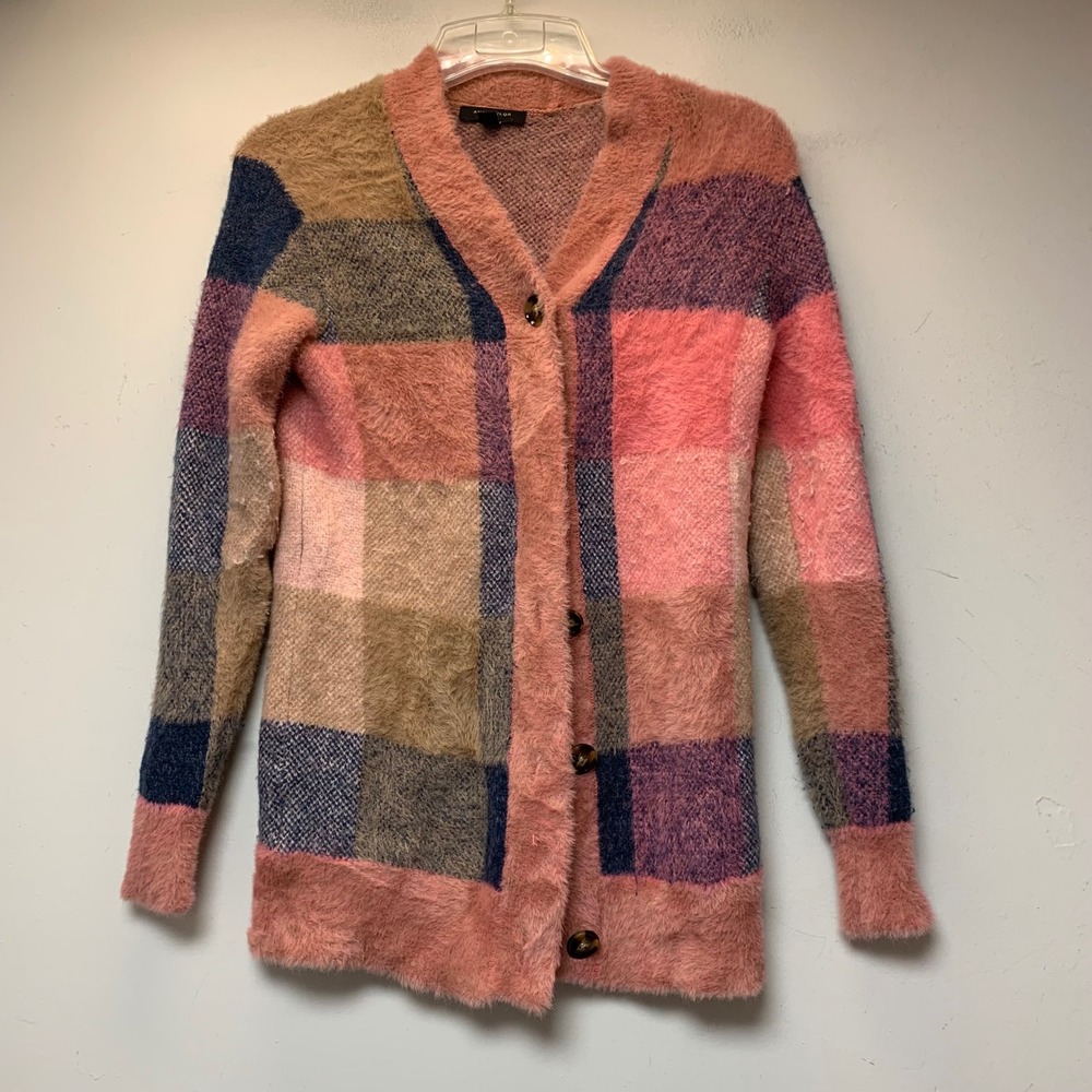 Ann Taylor Cardigan Women XXSP Pink Excellent Fuzzy Plaid Eyelash Knit V-Neck